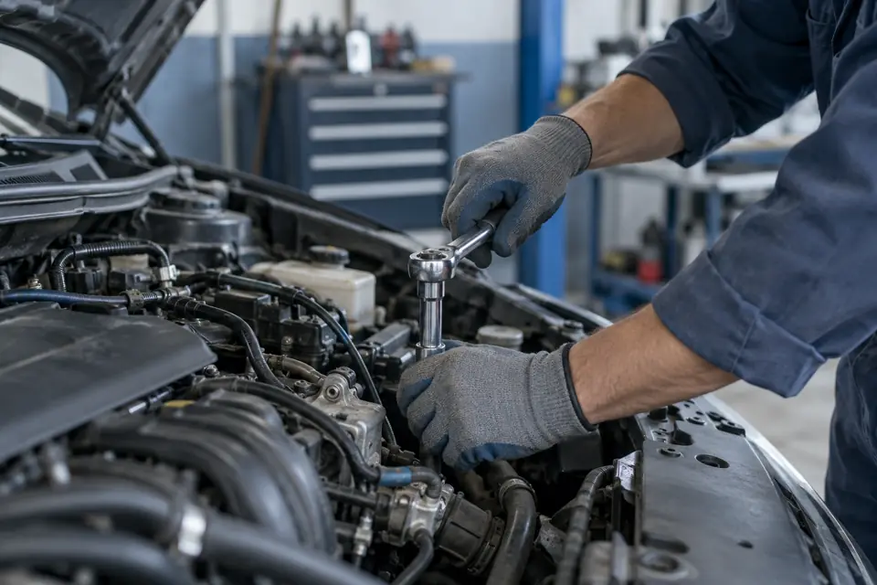 Illustration of work in a vehicle engine bay